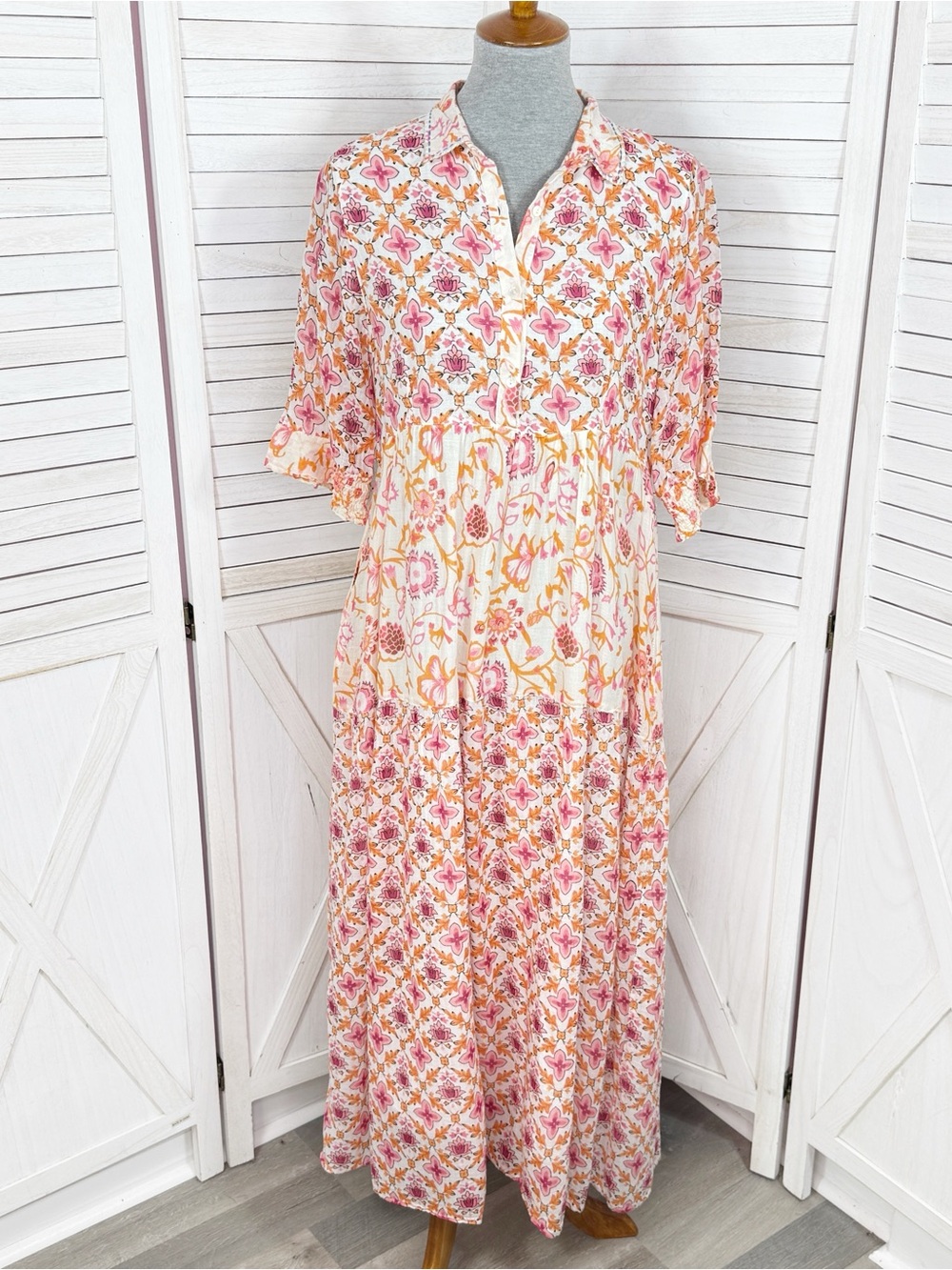 Dolma Kelly Floral Boho Tiered Midi Dress Pink Orange Large Cotton Mosaic